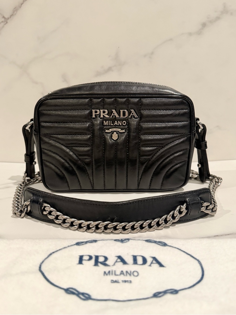 Prada Black Quilted Leather Camera Crossbody with Silver Chain